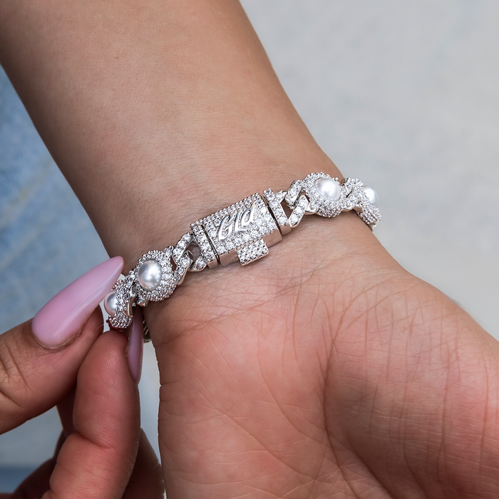Iced Halo Cuban Necklace + Bracelet with Pearls Bundle in White Gold