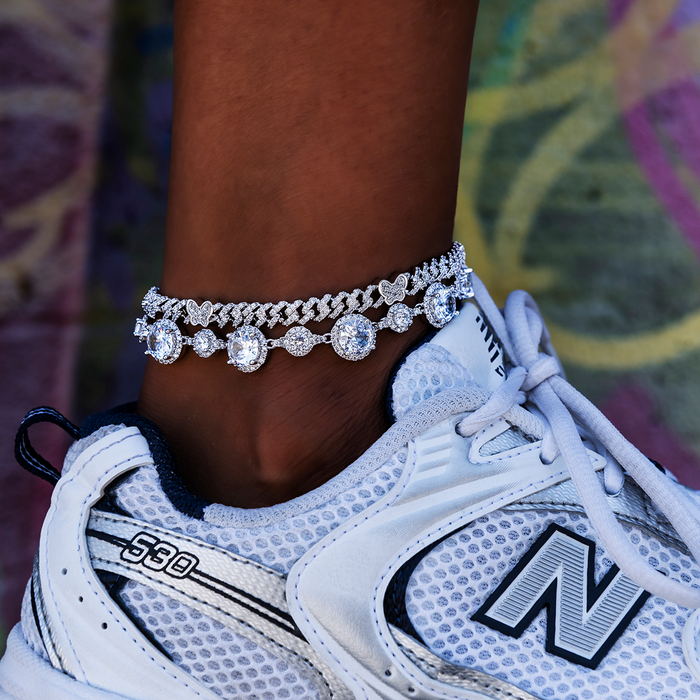 Iced Halo Tennis Anklet in White Gold