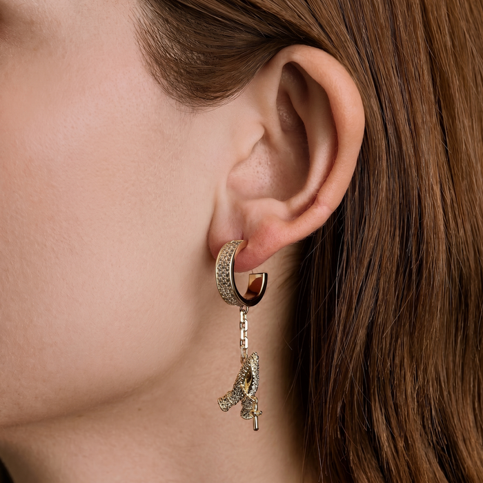 Iced Hanging Praying Hands Hoop Earring in Yellow Gold