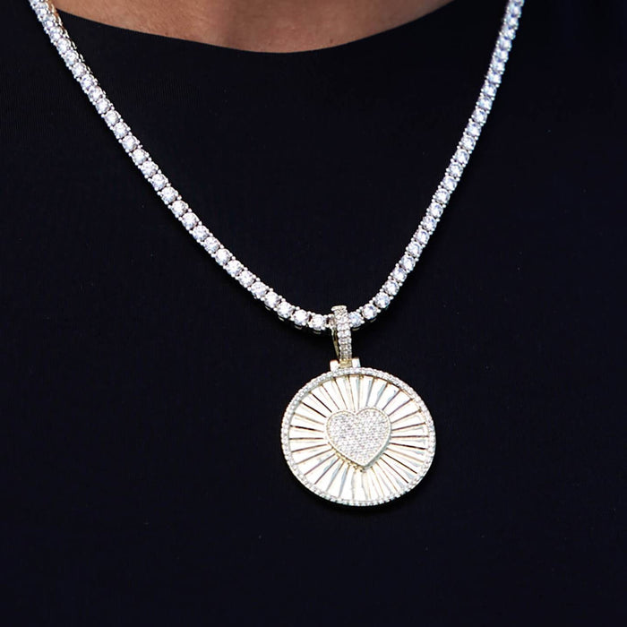 Iced Heart Coin Pendant in Yellow Gold