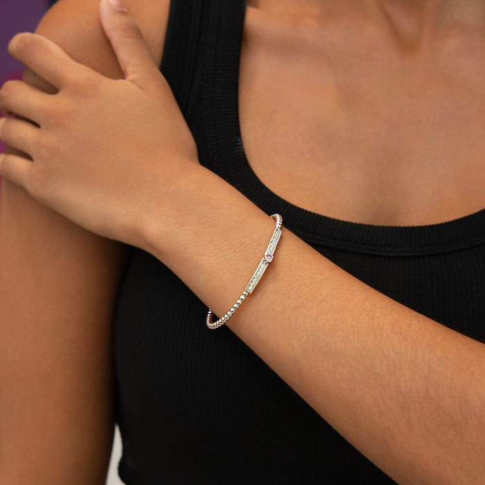 Iced Heart Pink Bar Beaded Cuff Bracelet in White Gold