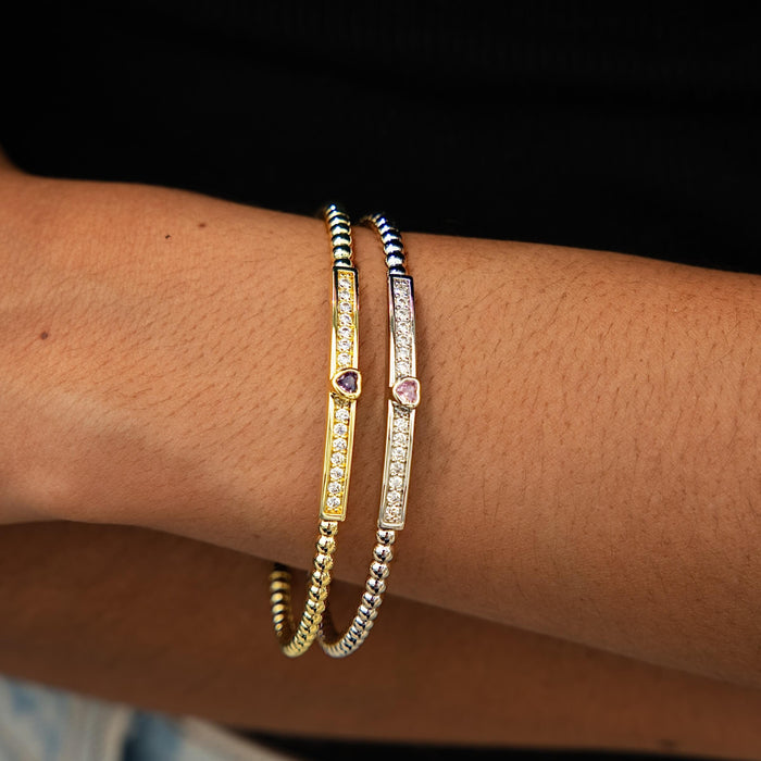 Iced Heart Pink Bar Beaded Cuff Bracelet in White Gold