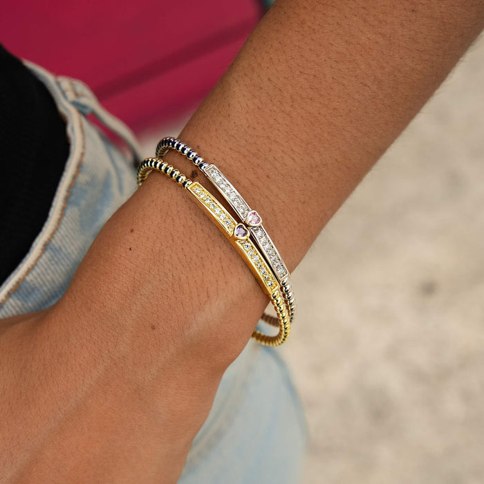 Iced Heart Pink Bar Beaded Cuff Bracelet in White Gold
