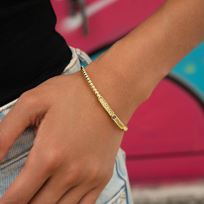 Iced Heart Purple Bar Beaded Cuff Bracelet in Yellow Gold