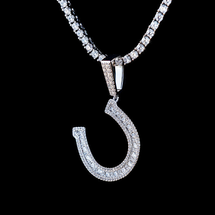 Iced Horseshoe Pendant in White Gold