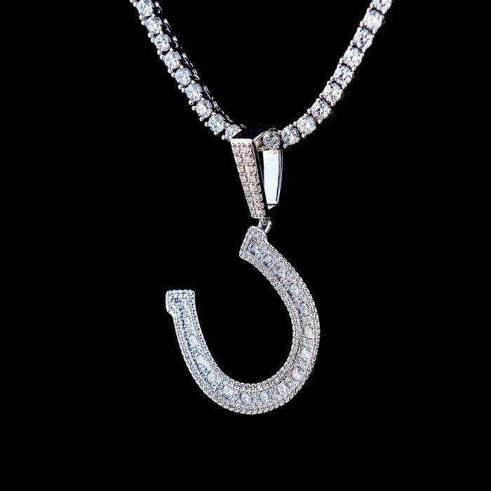 Iced Horseshoe Pendant in White Gold