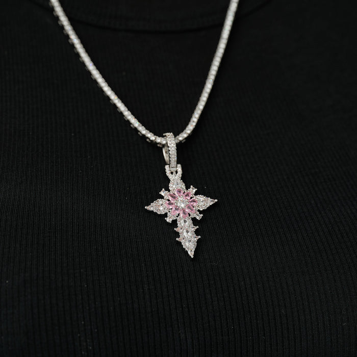 Iced Pink Flower Cross Pendant in White Gold