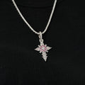 Iced Pink Flower Cross Pendant in White Gold