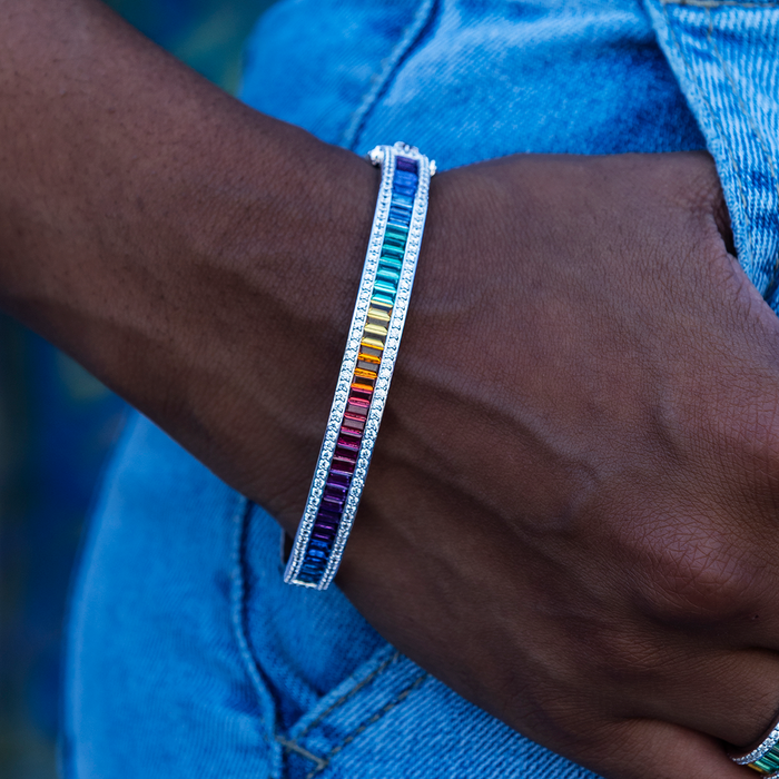 Iced Rainbow Baguette Bangle + Iced Rainbow Baguette Ring in White Gold