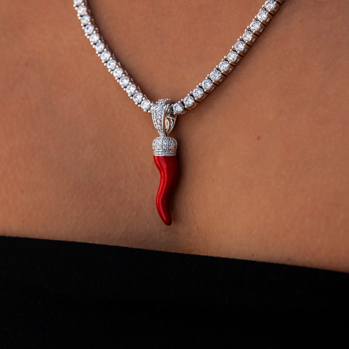 Iced Red Italian Horn Pendant in White Gold