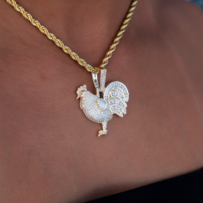 Iced Rooster Pendant in Yellow Gold