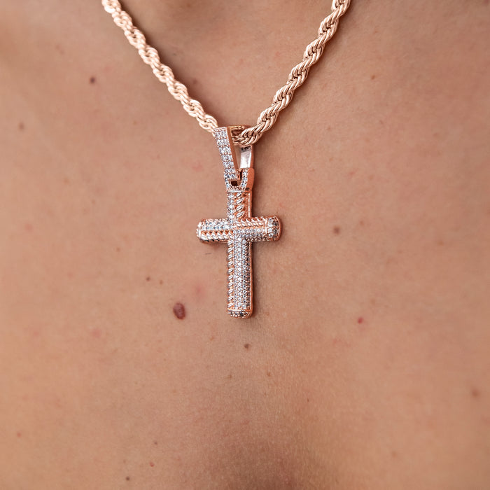 Iced Rope Mix Cross Pendant in Rose Gold