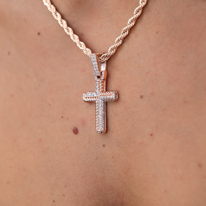 Iced Rope Mix Cross Pendant in Rose Gold