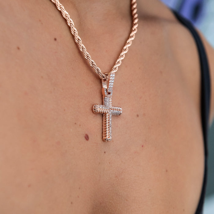 Iced Rope Mix Cross Pendant in Rose Gold
