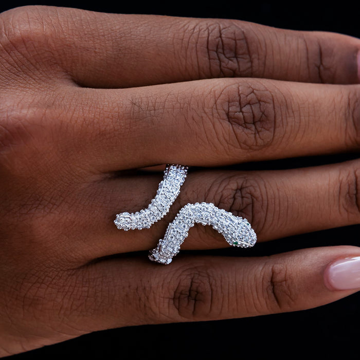 Iced Snake Wrap Ring in White Gold