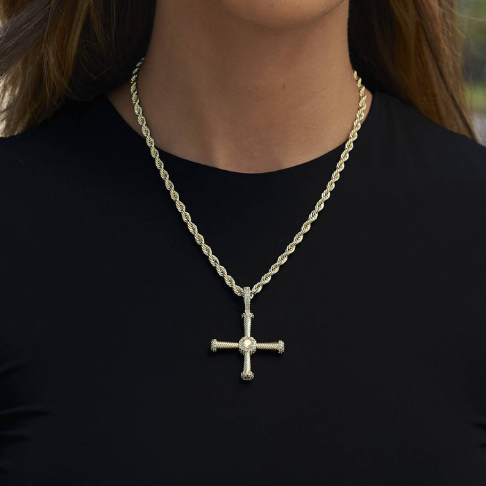 Iced Square Cross Pendant in Yellow Gold