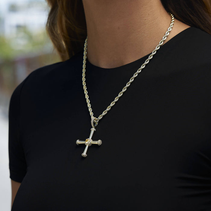 Iced Square Cross Pendant in Yellow Gold