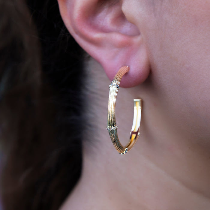 Iced Textured Bamboo Hoop Earrings in Yellow Gold