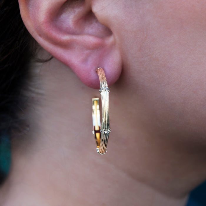 Iced Textured Bamboo Hoop Earrings in Yellow Gold