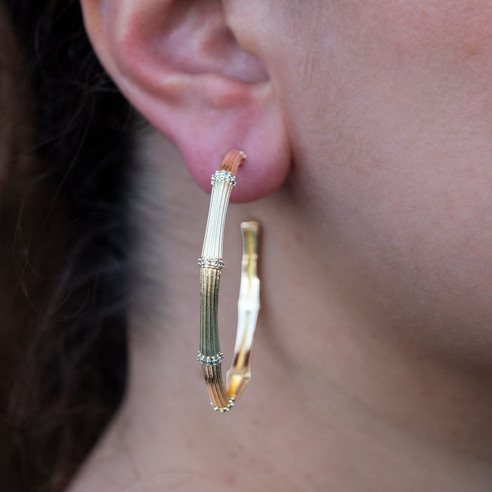 Iced Textured Bamboo Hoop Earrings in Yellow Gold
