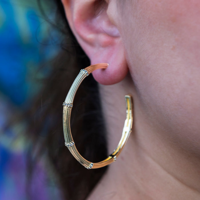 Iced Textured Bamboo Hoop Earrings in Yellow Gold