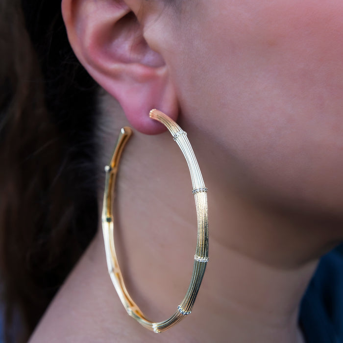 Iced Textured Bamboo Hoop Earrings in Yellow Gold