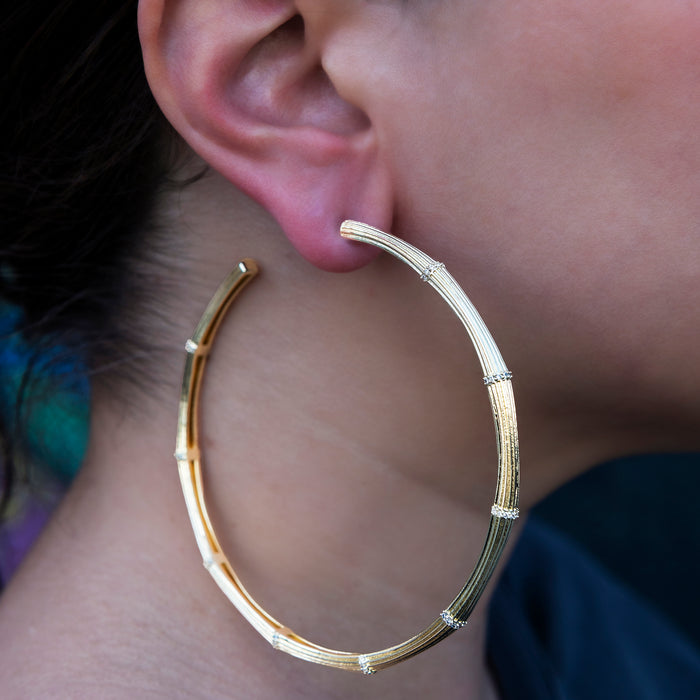 Iced Textured Bamboo Hoop Earrings in Yellow Gold
