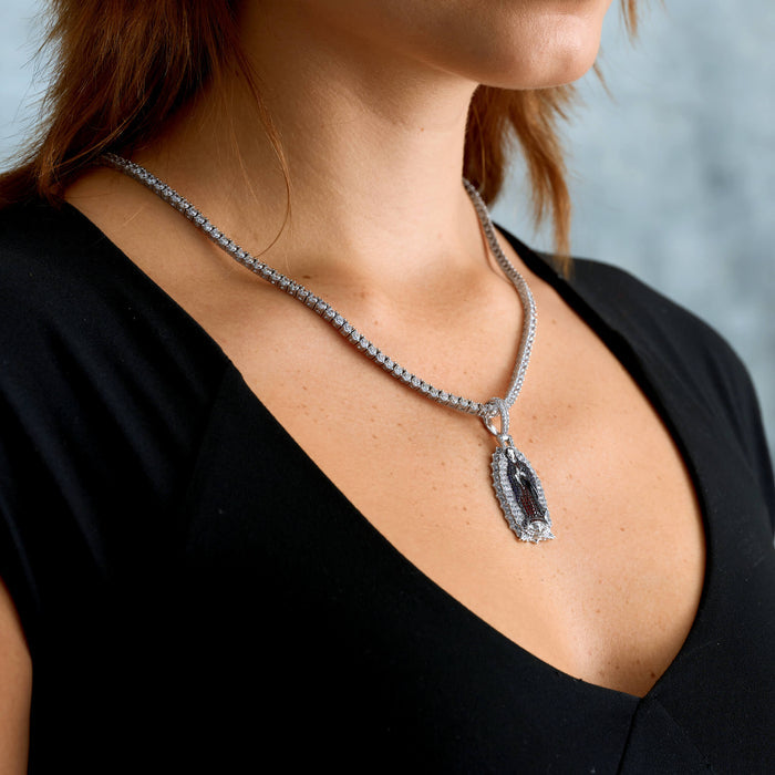 Iced Virgin Mary Pendant in White Gold