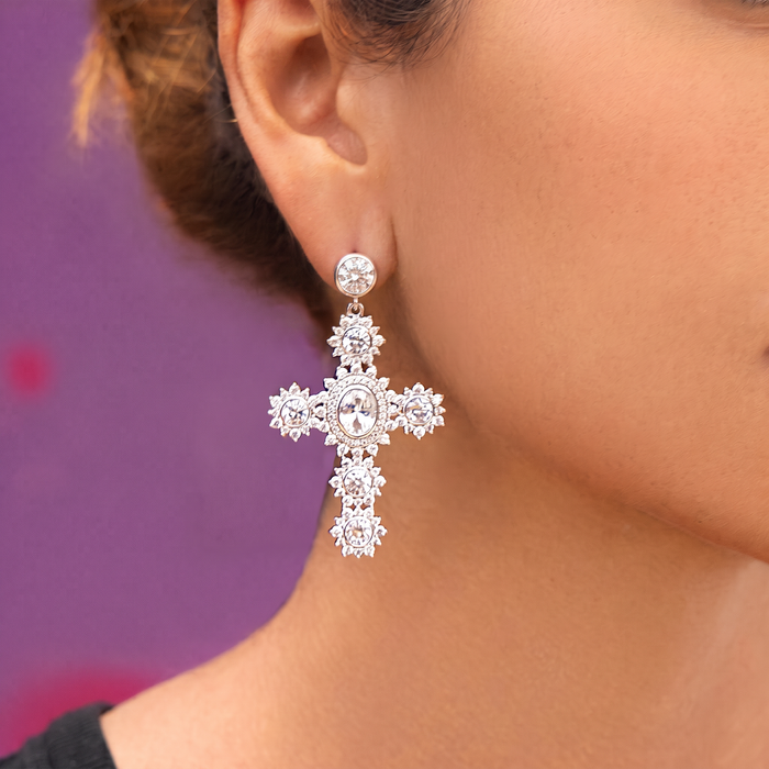 Large Diamond Cross Earring  in White Gold