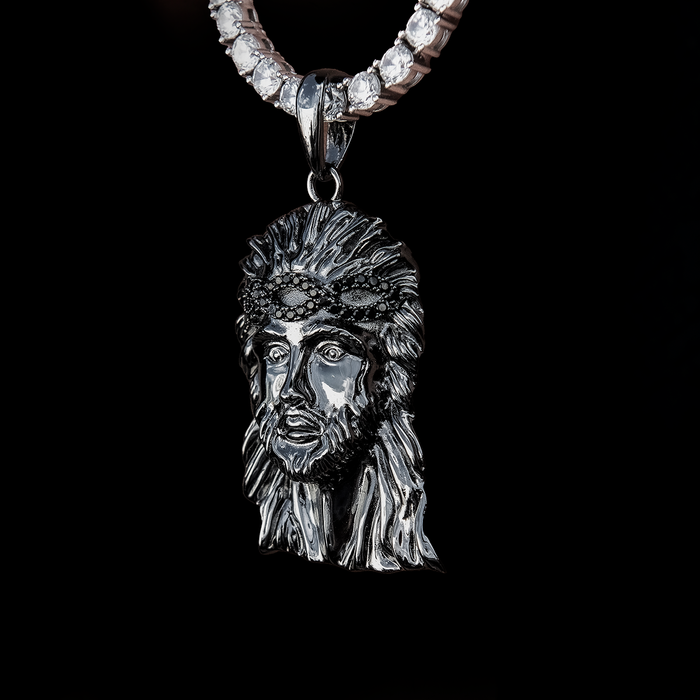Large Diamond Crown Portrait of Jesus Pendant in Black Rhodium