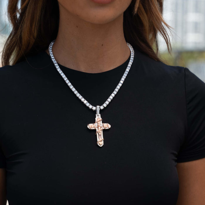 Large Diamond Rose Thorn Crucifix Pendant in White Gold