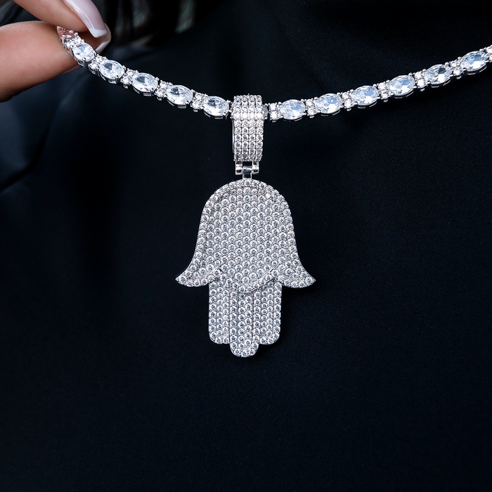 Large Iced Baguette Hamsa Pendant in White Gold