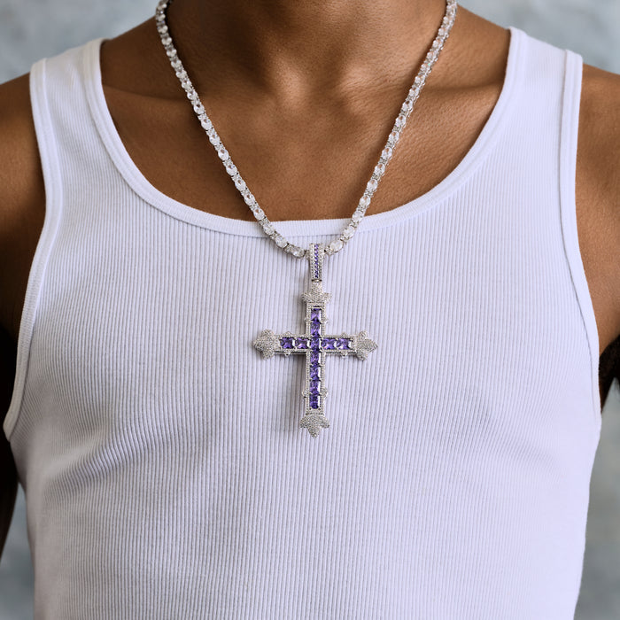 Large Iced Purple Baguette Cross Pendant in White Gold
