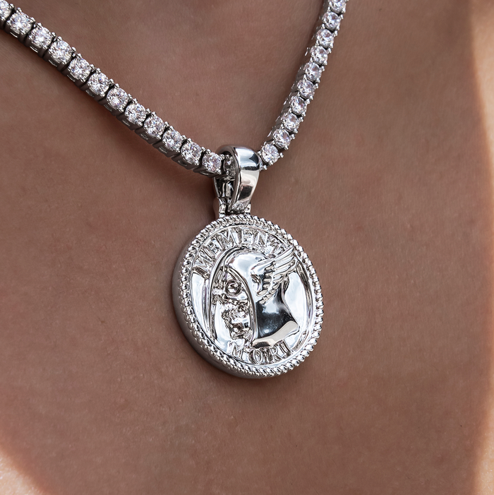 Memento Mori Coin Pendant in White Gold