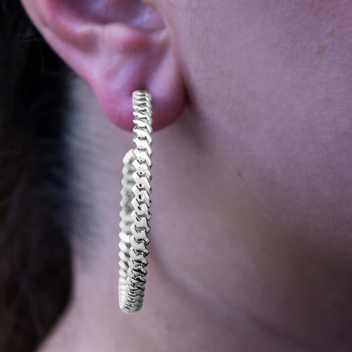 Micro Cuban Prong Hoop Earrings in White Gold- 6mm