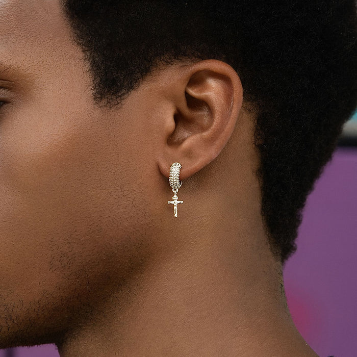 Micro Huggie Hanging Crucifix Hoop Earring in White Gold