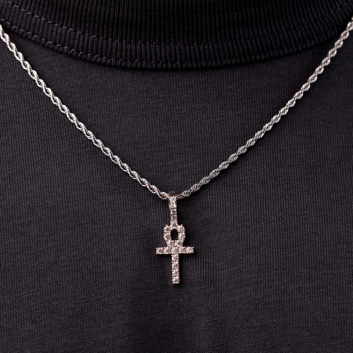 Micro Iced Ankh Cross Pendant in White Gold