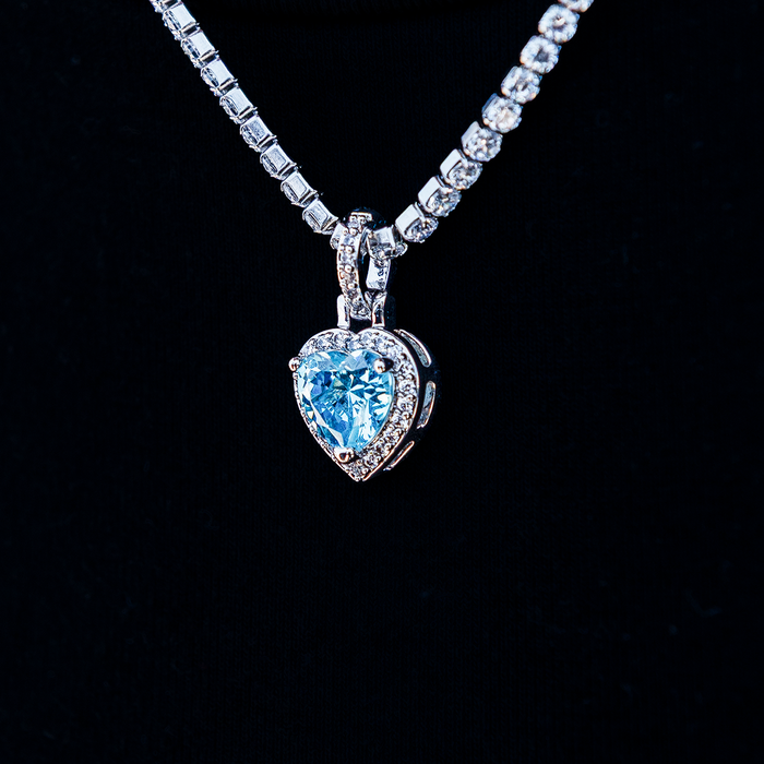 Micro Iced Blue Heart Pendant in White Gold