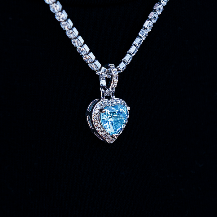 Micro Iced Blue Heart Pendant in White Gold