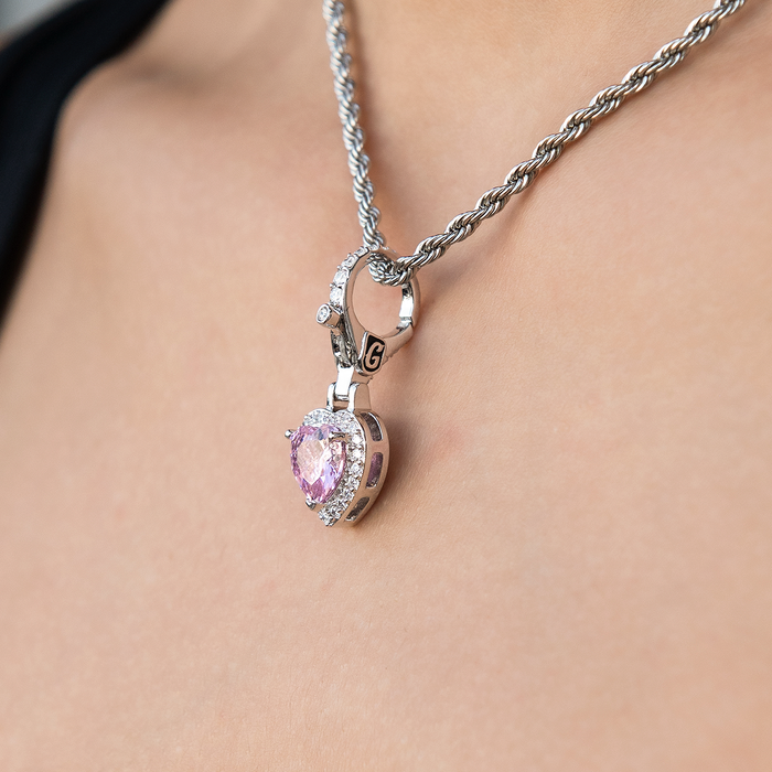 Micro Iced Pink Heart Clip On Charm Pendant in White Gold