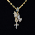 Micro Iced Praying Hands with Cross Pendant in Yellow Gold