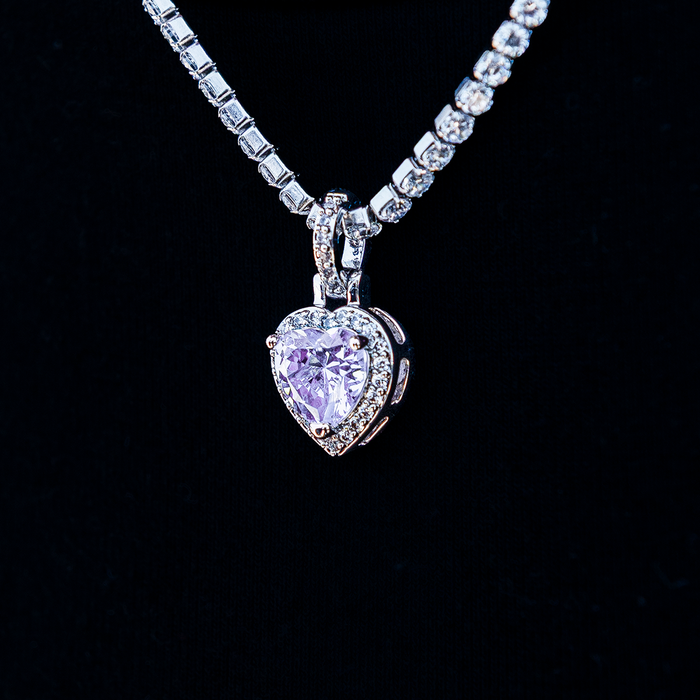 Micro Iced Purple Heart Pendant in White Gold