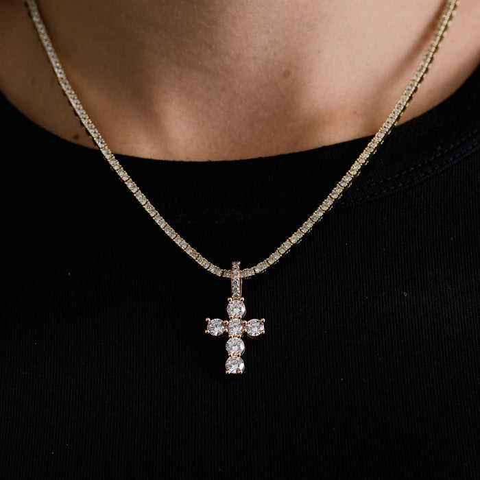 Micro Iced Round Cross Pendant in Rose Gold