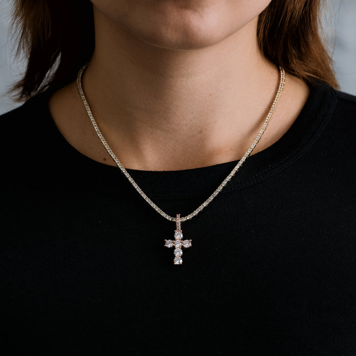 Micro Iced Round Cross Pendant in Rose Gold
