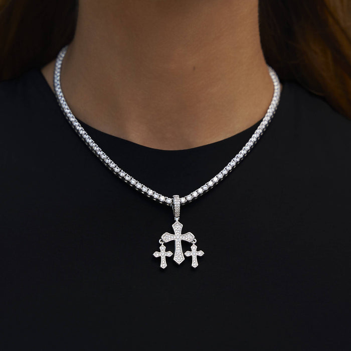 Micro Iced Triple Cross Pendant in White Gold
