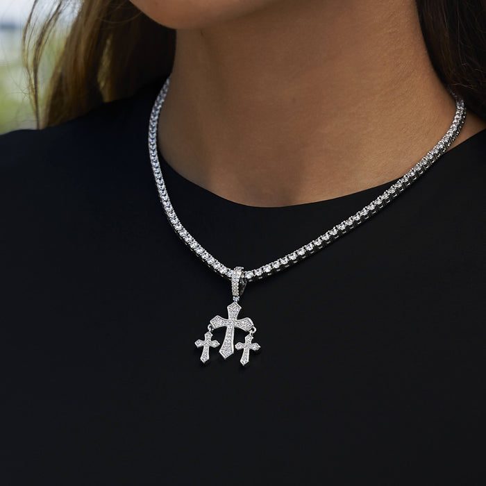 Micro Iced Triple Cross Pendant in White Gold