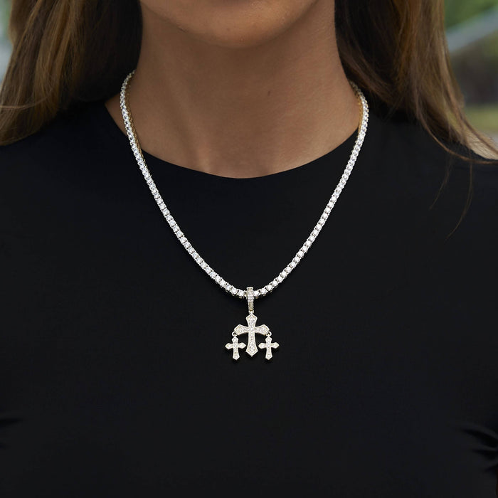 Micro Iced Triple Cross Pendant in Yellow Gold