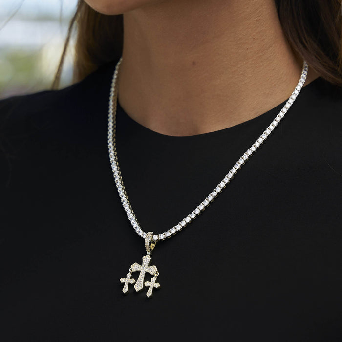 Micro Iced Triple Cross Pendant in Yellow Gold