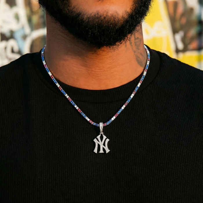 Micro New York Yankees Official MLB Logo Pendant + 3mm Colored Diamond Tennis Chain Bundle in White Gold