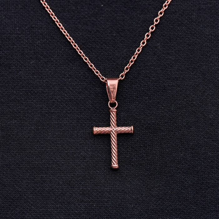Micro Twisted Rope Cross Pendant in Rose Gold